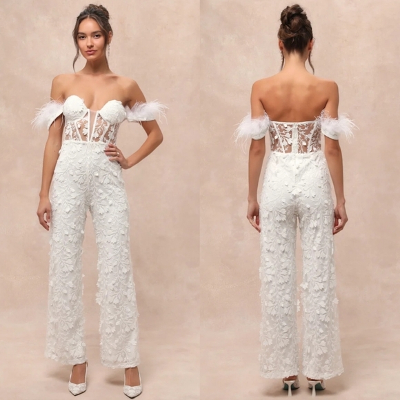 Lulus Pants - Lulus Midnight Sparkle White Mesh Embroidered Feather Bustier Jumpsuit Bridal